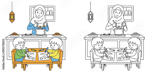 Muslim mother cooking in kitchen while children draw and color crescent moon pictures, Islamic family lifestyle during Ramadan, coloring book page vector illustration set (184 characters)