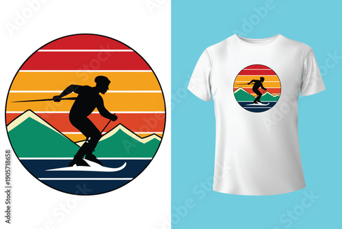 Dynamic black and white t shirt design featuring a snowboarder mid air against a mountain and forest landscape