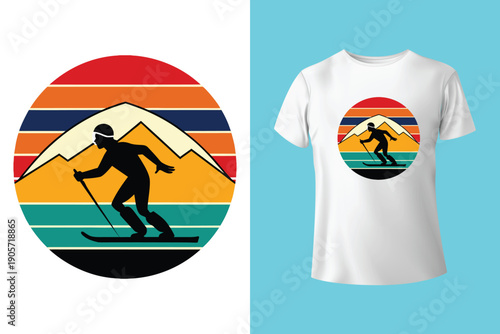 Dynamic black and white t shirt design featuring a snowboarder mid air against a mountain and forest landscape