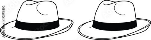 Black Line Art Illustration of Two Classic Men’s Fedora Hats with Decorative Ribbon Bands Isolated on White Background for Vintage Fashion and Style Design