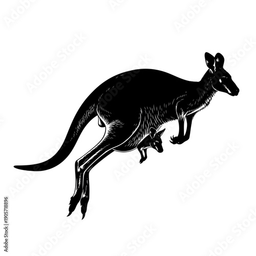 Silhouette kangaroo mother and joey in pouch, side view illustration