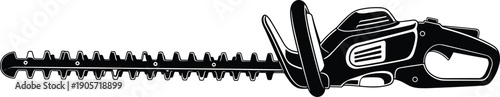 Black and White Vector Illustration of a Professional Electric Hedge Trimmer Tool Isolated on White Background for Gardening and Landscaping