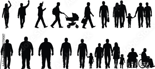 Large set of diverse people silhouettes including families children seniors disabled individuals and pedestrians walking isolated on a white background