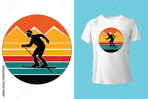 Dynamic black and white t shirt design featuring a snowboarder mid air against a mountain and forest landscape