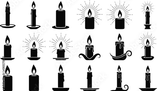 Large collection of black candle silhouettes featuring various wax shapes melting drips and glowing flames isolated on a white background