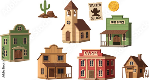Wild west town buildings illustration set with saloon bank church post office cactus western cartoon vector isolated elements