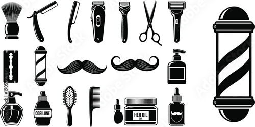 Black Silhouette Illustration Set of Barber Shop and Men’s Grooming Icons Featuring Barber Pole Mustaches Shaving Razors Scissors Hair Trimmers and Professional Hair Care Product Bottles