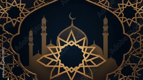 Elegant Islamic Mosque with Golden Geometric Patterns and Crescent Moon. Cultural and Religious Celebration Background