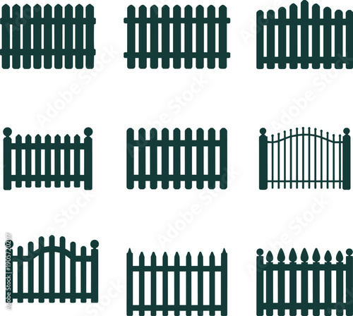 Wooden fence icon set, garden barrier silhouettes, decorative picket fence collection, isolated vector symbols, home exterior design elements