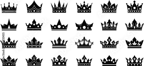 Twenty Black Crown Silhouettes Collection Featuring Ornamental Royal Designs with Fleur-de-Lis, Stars, Dots, and Symmetrical Decorative Elements