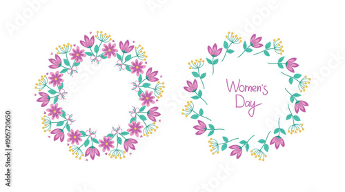 Banner set. Women's Day. Round frames with abstract, bright flowers. A cute floral border, a wreath with space for text and hand-lettering. Spring background.