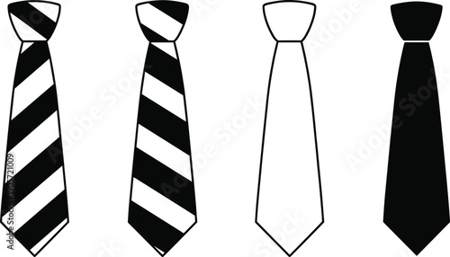 Black and White Illustration Set of Professional Men’s Neckties Featuring Solid Colors and Diagonal Stripe Patterns Isolated on White Background for Business and Fashion Design