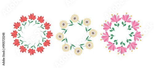 Abstract flowers, a set of round frames and banners with space for text. Multicolored plants. Spring-summer. Floral background for cards, greetings, and invitations.