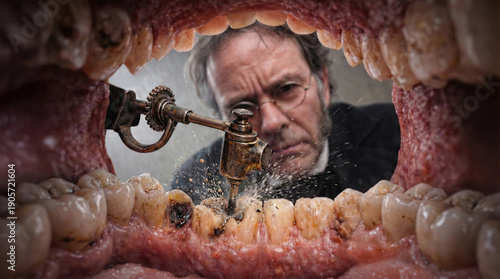  Terrifying point-of-view (POV) shot from inside a patient's mouth looking out at an intense Victorian-era dentist.