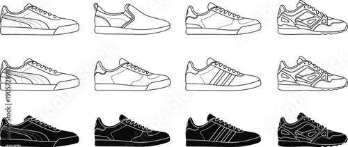 Black Line Art and Silhouette Illustration Set of Diverse Men’s Sneakers and Athletic Shoes Featuring Casual Slip-Ons and Performance Trainers Isolated on White Background