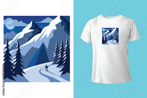 Peak thrills t shirt design featuring skier winter adventure awaits themed apparel vector template perfect for snow sports enthusiasts and frosty escapades
