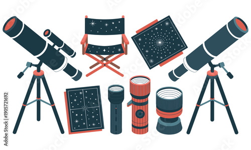 Stargazing equipment and accessories including telescopes, star charts, director's chair, and flashlights for astronomy enthusiasts to explore the night sky in comfort and curiosity.