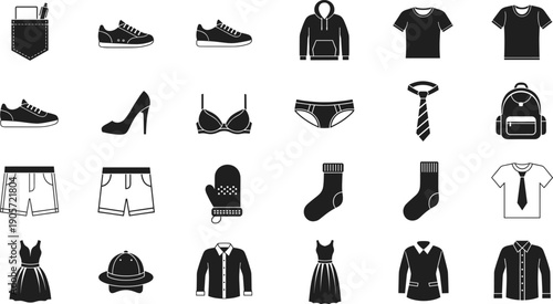 Black Silhouette Illustration Set of Diverse Fashion Icons Featuring Hoodies T-Shirts Sneakers High Heels Backpacks and Formal Dresses for Retail and Lifestyle Design
