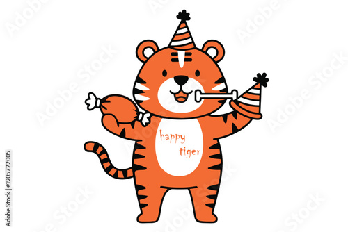 Festive Tiger Celebration: A cheerful tiger, donned in a party hat and holding a noisemaker and a chicken, radiates joy as it celebrates.  It's a whimsical and lively scene.A funny cartoon illustratio