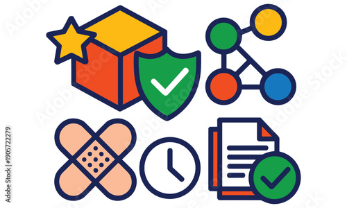 Package delivery icons set representing shipping protection, tracking, and timely delivery services for e-commerce and logistics businesses.