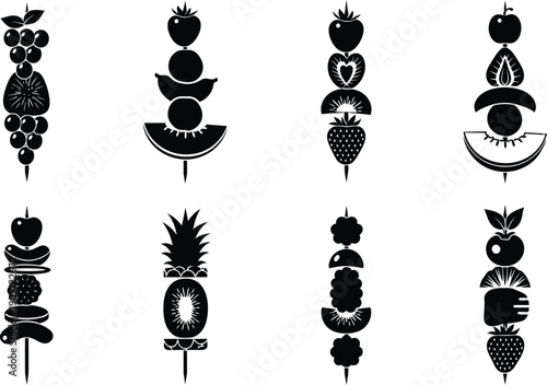 Vibrant icon set of colorful food and fruit skewers for healthy eating and nutrition concepts
