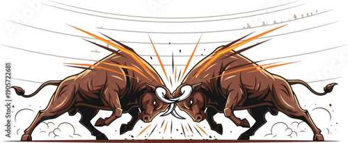 Two powerful brown bulls clash horns intensely in a dramatic confrontation illustration symbolizing raw power and fierce competition