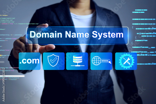 Bilde på lerret DNS domain name system concept and web server network with businessman holding i