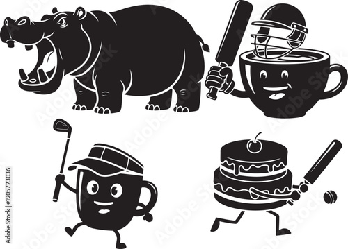 Black vector silhouette set: roaring hippo, coffee cup playing cricket, coffee cup playing golf, cake playing baseball, isolated on white