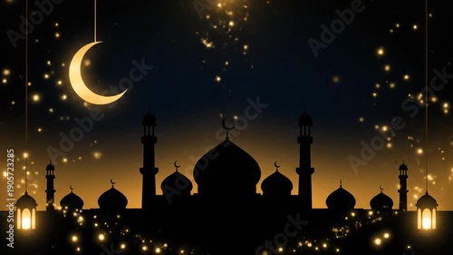 Golden Mosque Silhouette Against Starry Night Sky with Glowing Crescent Moon and Festive Lanterns, Ideal for Islamic Holiday Greetings and Celebrations