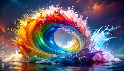 Vibrant rainbow splash swirl, colorful, over ocean. Dynamic energy, surreal, and captivating against the sunset sky