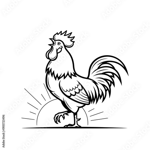Minimalist rooster crowing line art farm morning sunrise icon vector