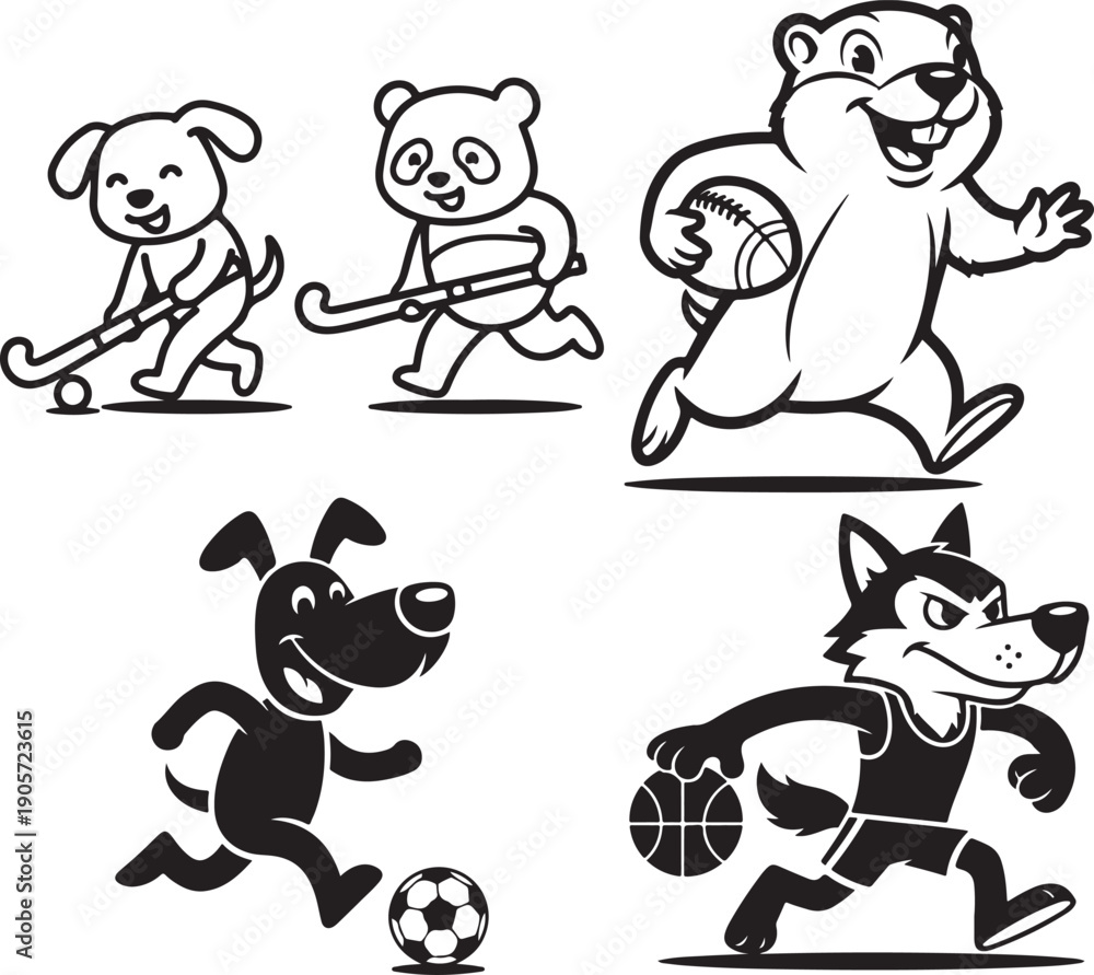 Obraz premium Vector cartoon animal sports mascots: dog playing field hockey and soccer, panda with hockey stick, gopher running with football, wolf playing basketball, isolated on white