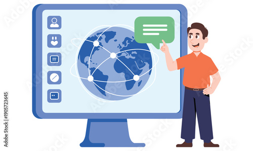 Man standing next to a large computer monitor displaying a globe with network connections and a speech bubble emerging from the screen showing a chat or messaging interface.