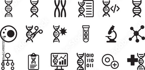 Genetics icon set in clean vector style. DNA, gene, biology symbols for science, medical, research use.