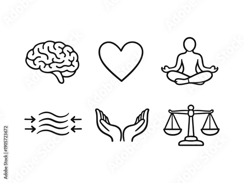 Mental health and mindfulness icon set featuring a brain, heart, meditating figure, breathing, caring hands, and balance scales.
