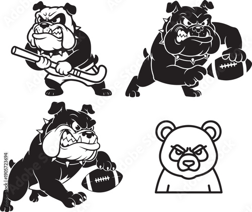 Aggressive black and white bulldog mascot vector set with hockey stick and football, plus angry panda head icon, isolated on white