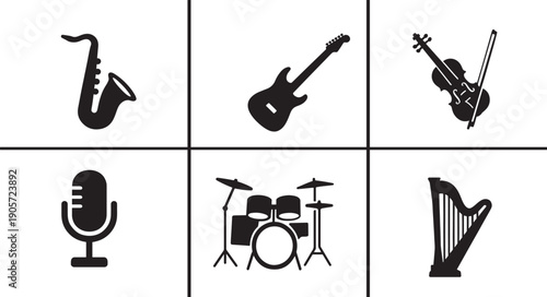 Isolated trumpet silhouette icon set in vector style. Musical instrument symbols for jazz, band, music use.