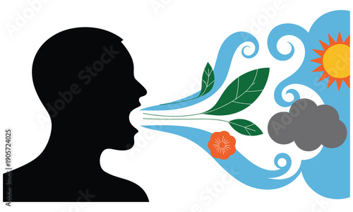 Person exhaling air with leaves and flowers emerging from mouth symbolizing positive environmental impact and fresh breath.