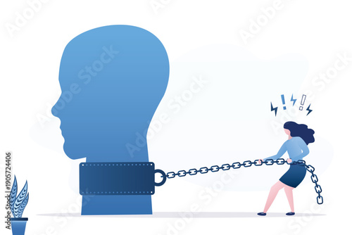 Strong woman silhouette aggressively pulls chain attached to collar on large human head profile. Toxic relationships, social pressure and struggle for personal freedom.