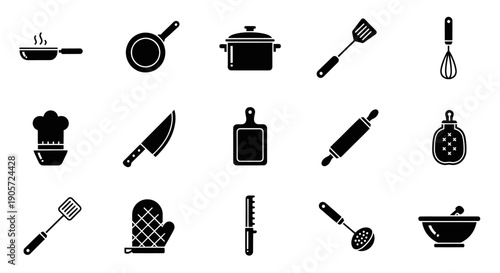 Kitchen Utensils and Cooking Tools Flat Icon Set Black Silhouette