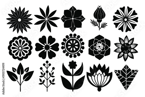 set of flower silhouette line art vector illustration with a white background
