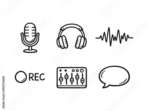 Set of hand-drawn podcast and audio recording icons featuring a microphone, headphones, sound wave, mixer, and speech bubble on a white background.