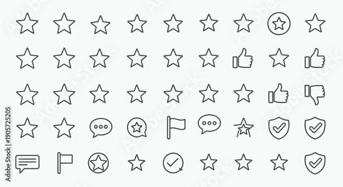 Vector line icons of ratings, reviews, and feedback symbols, including stars, thumbs up, thumbs down, checkmarks, and speech bubbles, for website, app, or UI design.