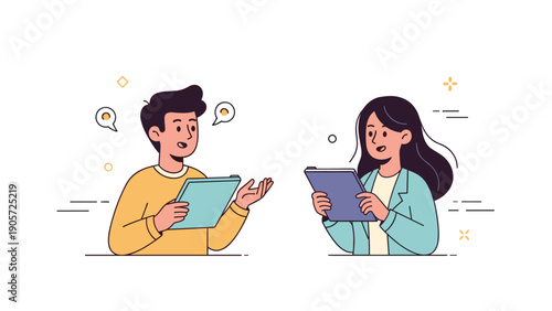 Cartoon style conversation between male and female with tablets