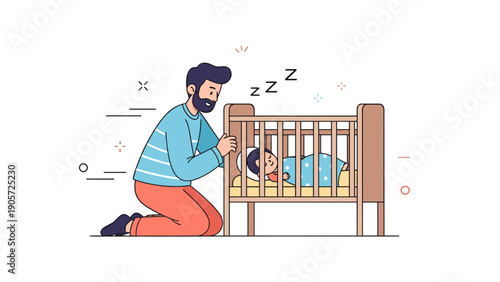 Caucasian male adult cares for sleeping baby in crib cartoon