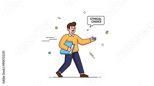 Smiling cartoon male making ethical choices with confidence and lightheartedness