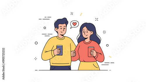 Young caucasian male and female texting with smartphones cartoon