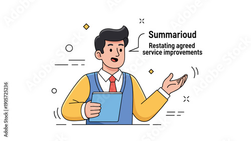 Cartoon man with clipboard illustrating presentation on service improvements