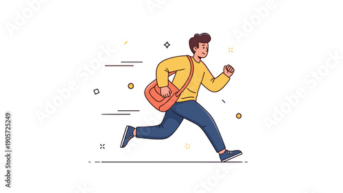 Young caucasian male running with red bag cartoon style illustration