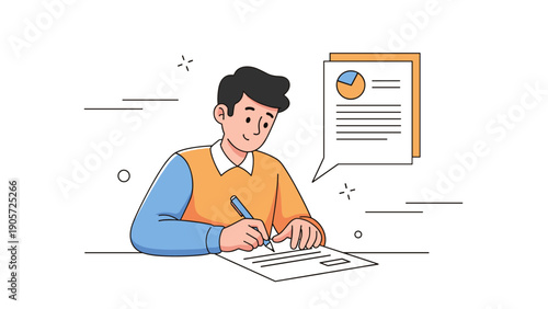 Young hispanic male writing at desk with document and chart in background